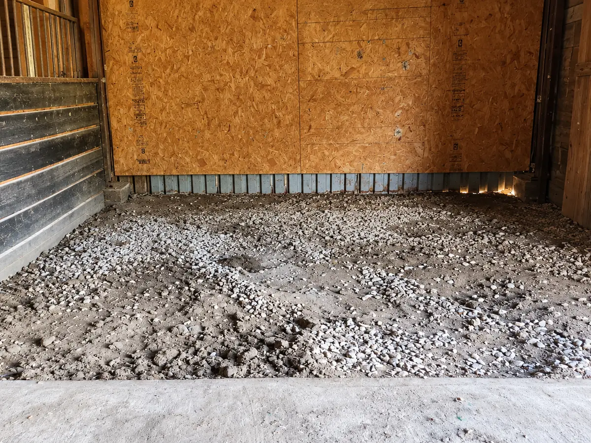 After: the same barn stall, empty down to the gravel