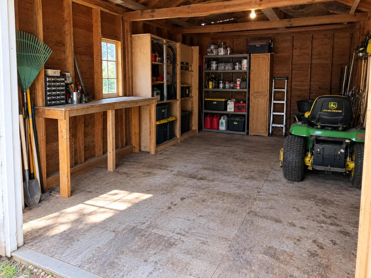 After: the same workshop cleared, with the workbench and riding mower left in place