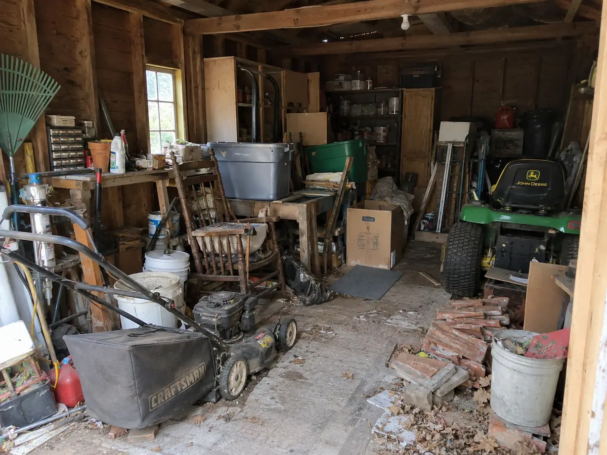 Before: a wooden workshop crowded with an old mower, chairs, boxes and broken brick