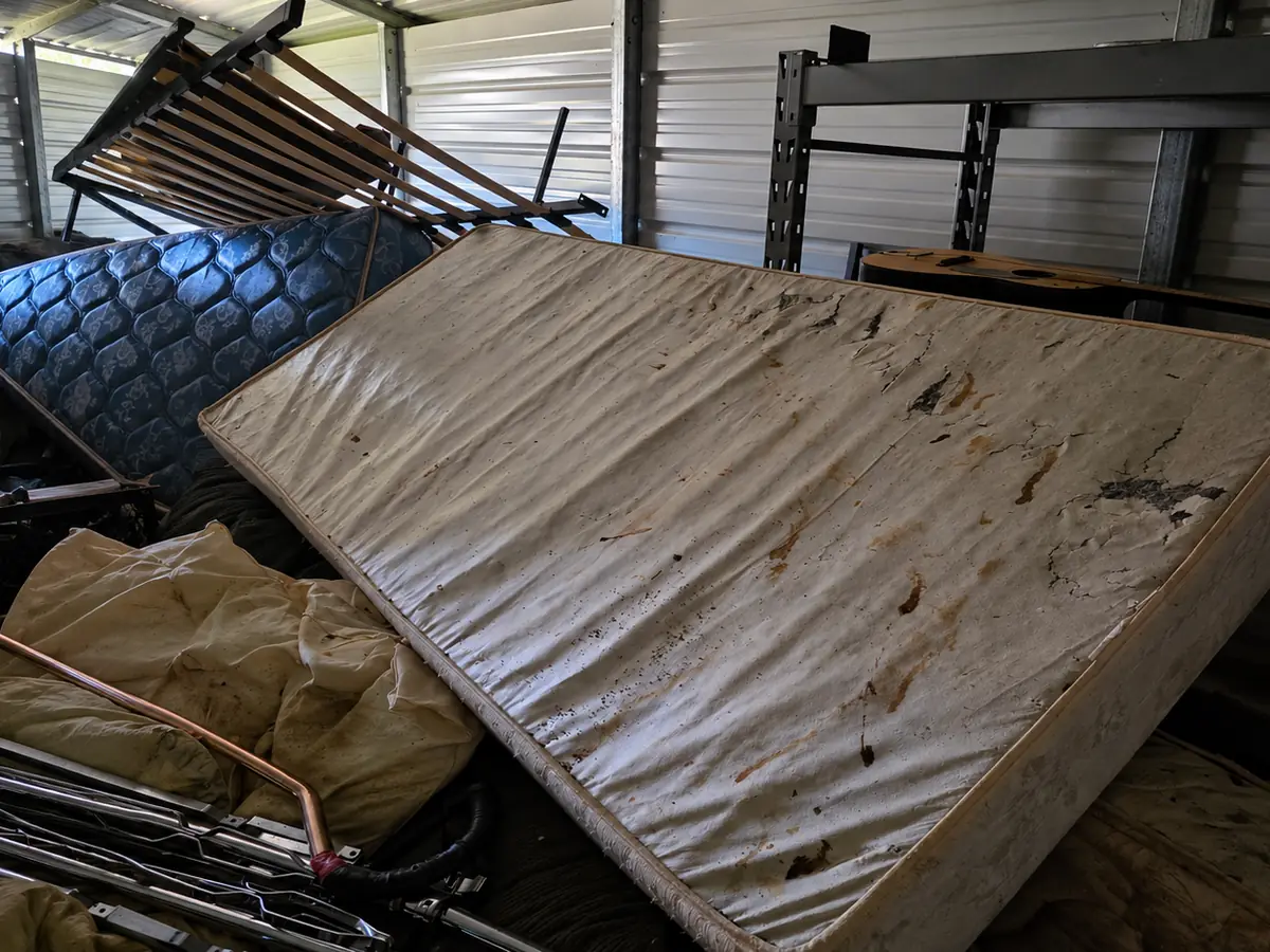 Before: old mattresses and a bed frame piled up in a storage unit